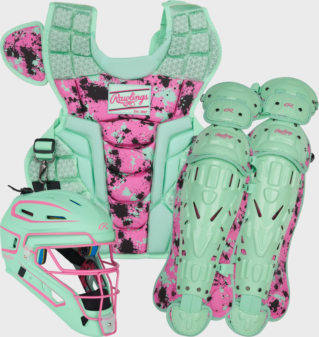 Limited Edition Mach Mint/Pink Spatter Catcher's Gear Set Adult Intermediate Youth - Rawlings
