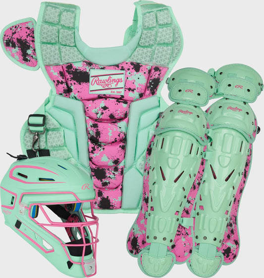 Limited Edition Mach Mint/Pink Spatter Catcher's Gear Set Adult Intermediate Youth - Rawlings