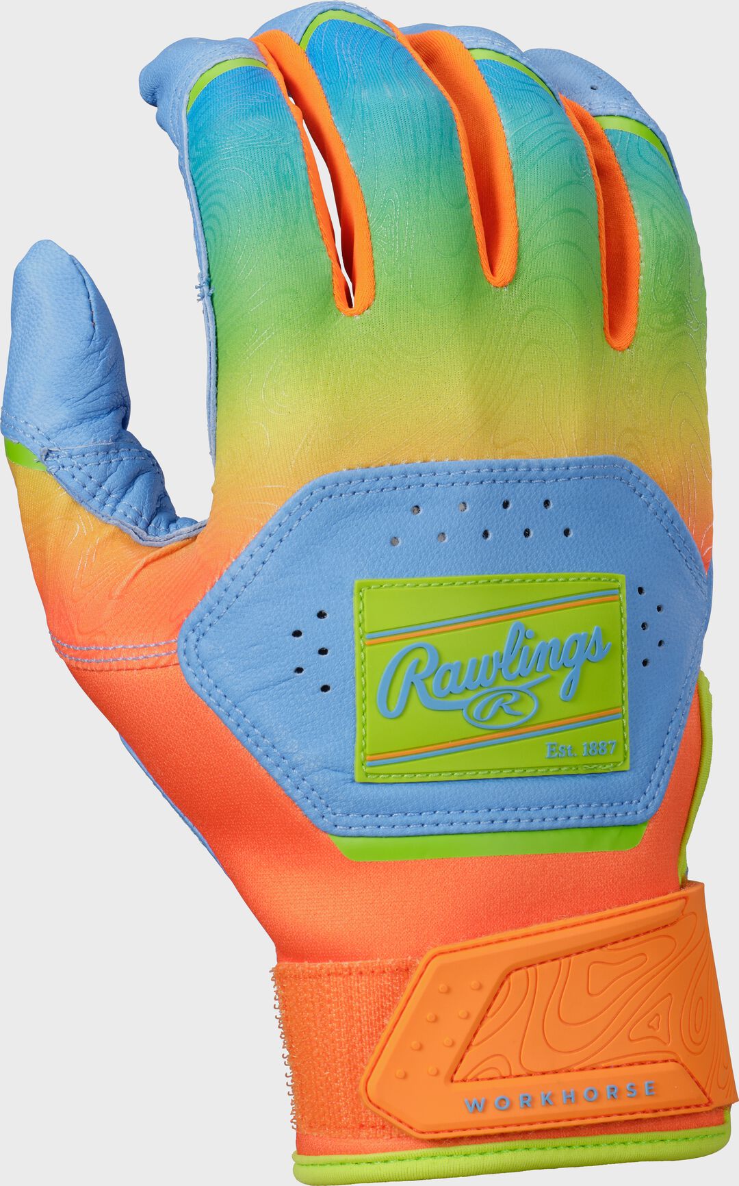Rawlings Workhorse Columbia Blue/Orange Adult Fun Burst Batting Gloves - Rawlings