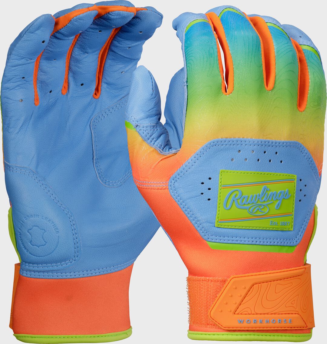 Rawlings Workhorse Columbia Blue/Orange Youth Fun Burst Batting Gloves - Rawlings